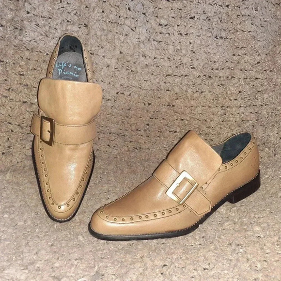 JOHN FLUEVOG-Vintage 2007-Picnic Chianti-Studded Monk Strap-Tan Leather-Sz 6-NM - Picture 1 of 7